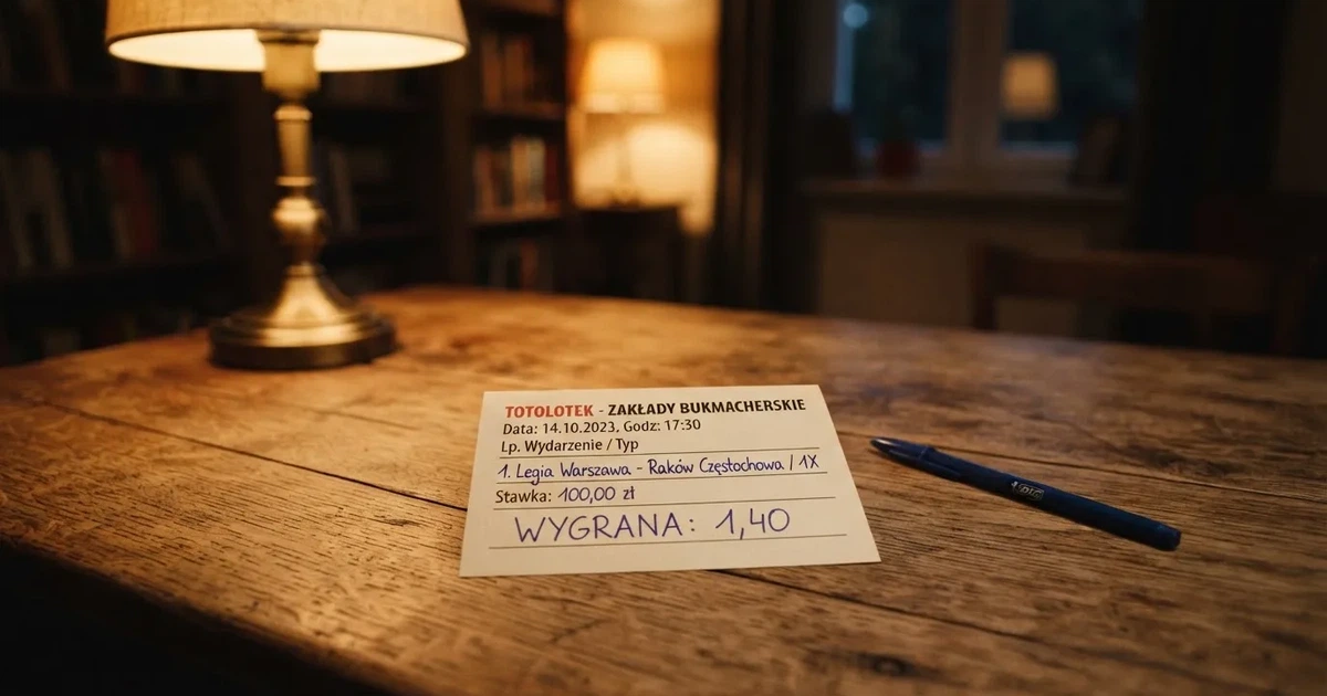 Pusty papierowy kupon zakładu leży na stole obok długopisu, ciepłe światło lampy pada na blat.