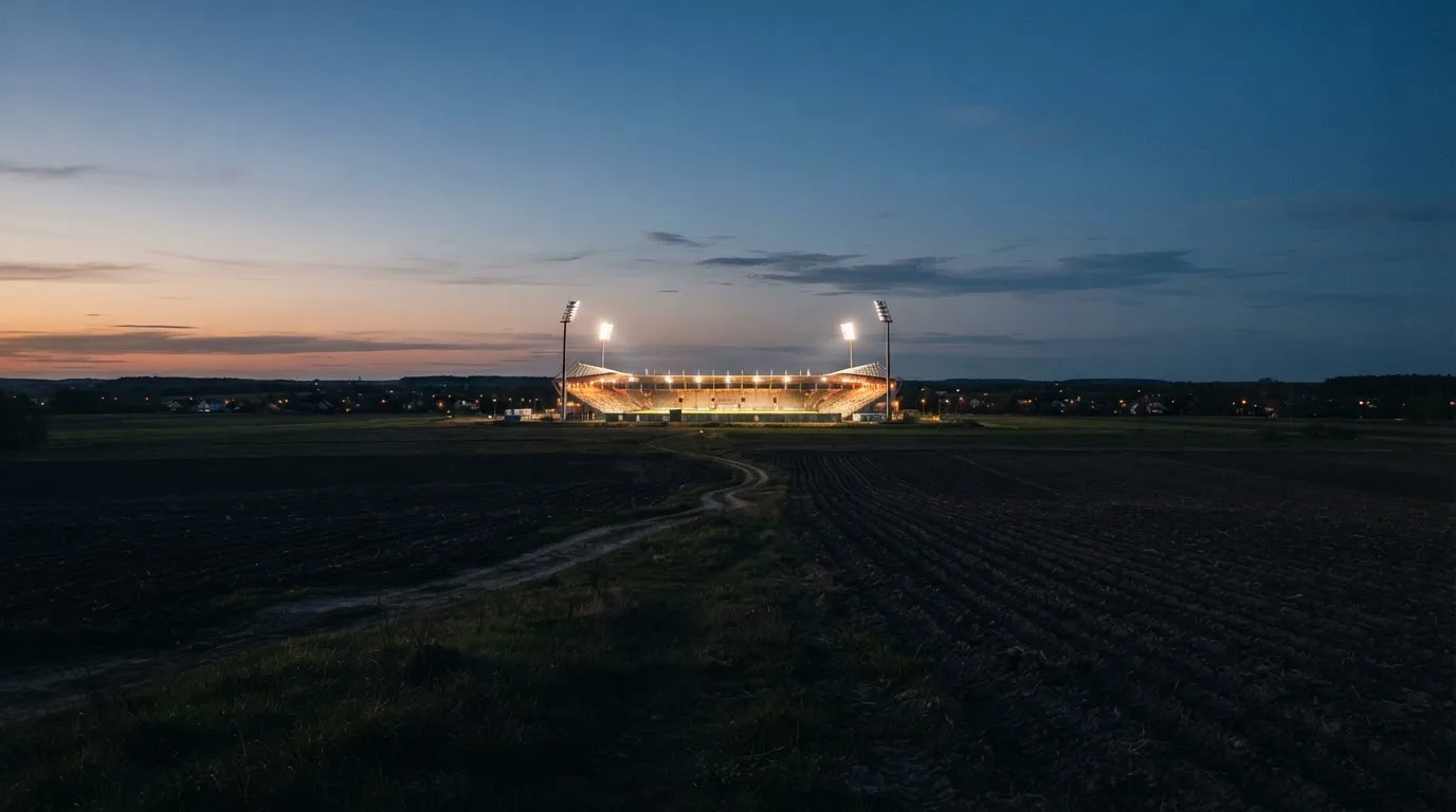 Stadion rozświetlony reflektorami widziany z daleka znad ciemnych pól w pogodny wieczór.