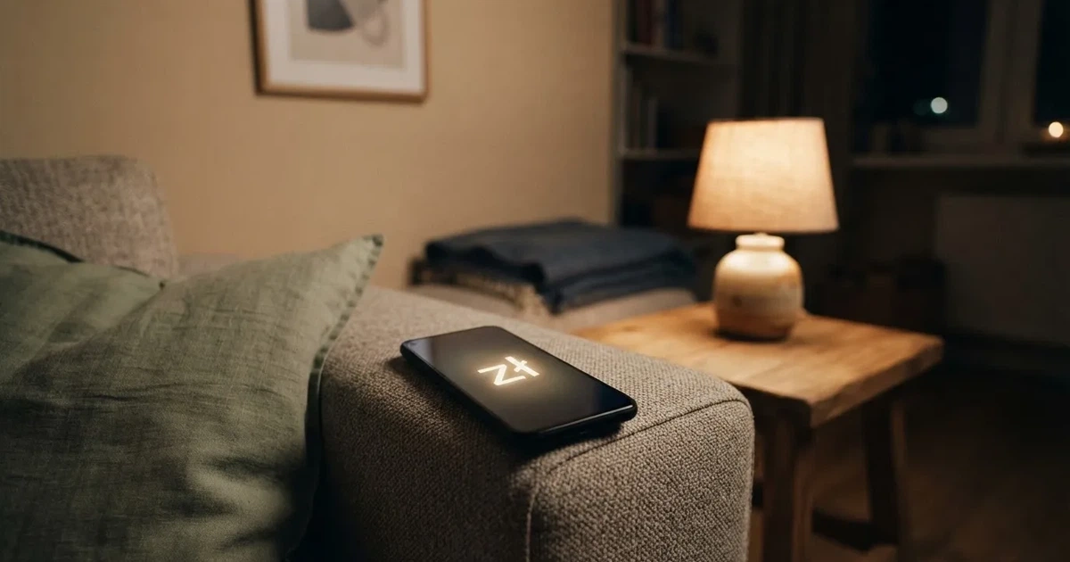 Smartfon z ciemnym wyświetlaczem leży na poręczy sofy obok poduszki w ciepłym świetle lampy.