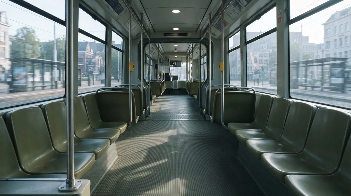 Wnętrze pustego tramwaju z rzędami siedzeń i poręczą w porannym świetle.