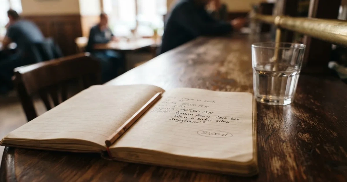 Otwarty notes z odręcznymi notatkami i ołówkiem leży na blacie w kawiarni obok szklanki wody.