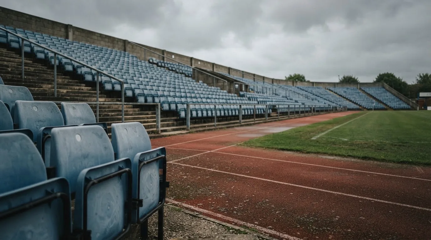 Rzędy pustych plastikowych krzesełek małego stadionu widziane z poziomu murawy pod pochmurnym niebem.