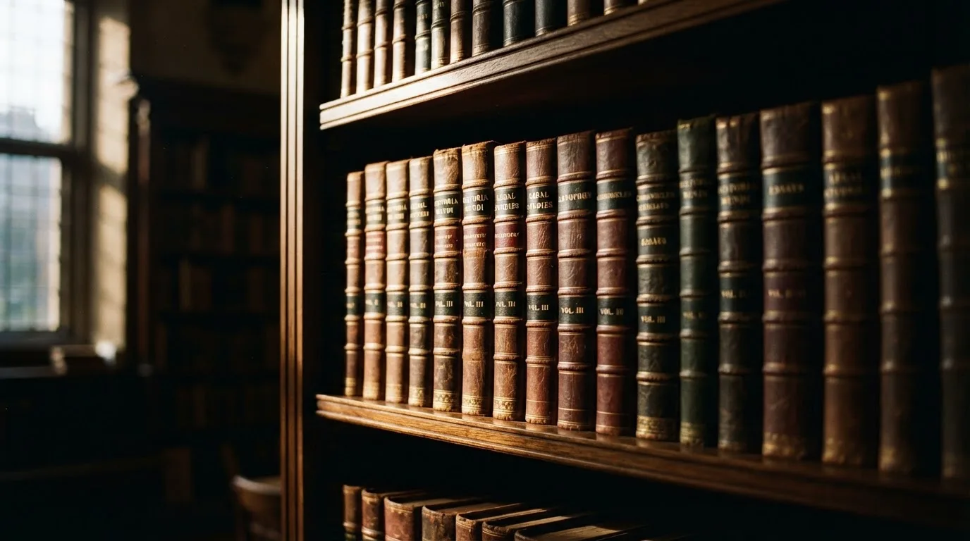 Regał z zamkniętymi książkami w skórzanych oprawach w cichej bibliotece, światło pada z boku.