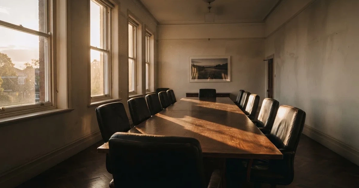Pusta sala konferencyjna z długim stołem i skórzanymi krzesłami, światło wpada przez wysokie okna.