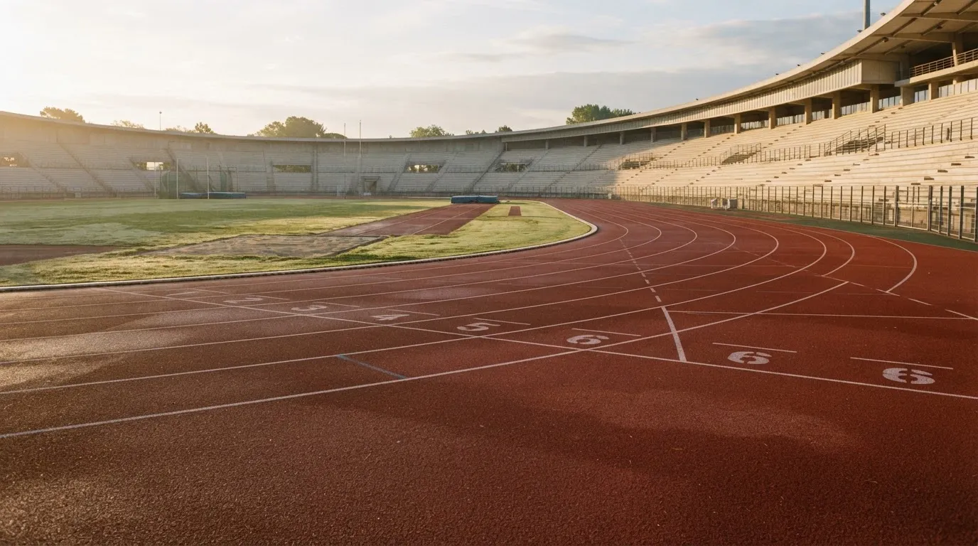 Bieżnia lekkoatletyczna wygięta w łuk pustego stadionu w porannym słońcu.