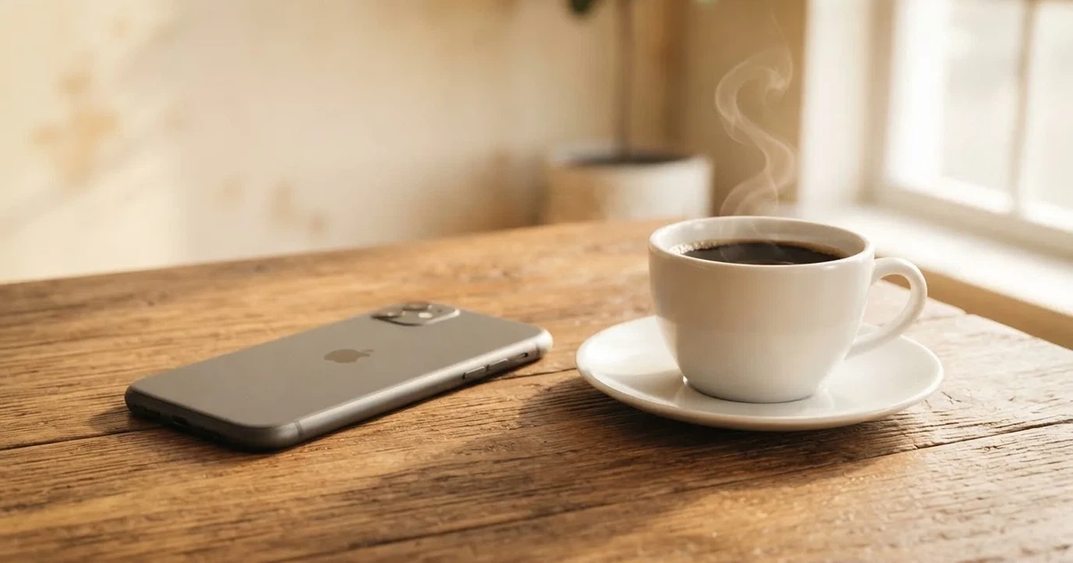Smartfon leży ekranem do dołu na drewnianym stole obok filiżanki kawy w ciepłym świetle poranka.