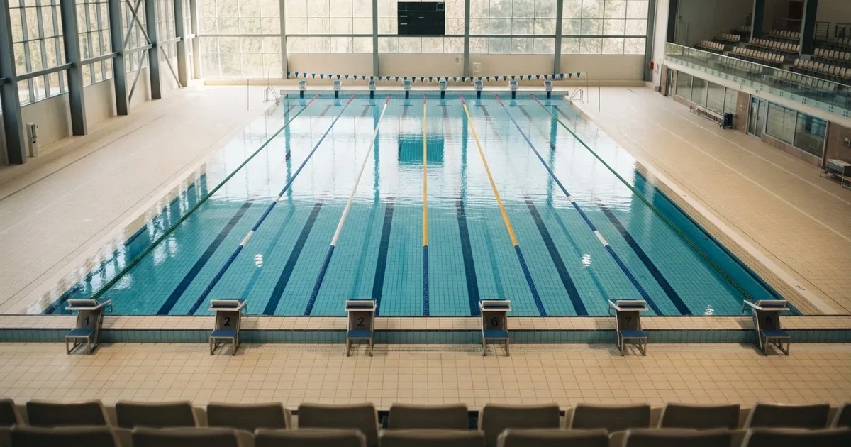 Pusty basen olimpijski z równymi torami i spokojną taflą wody, widok z trybun w jasnym świetle.