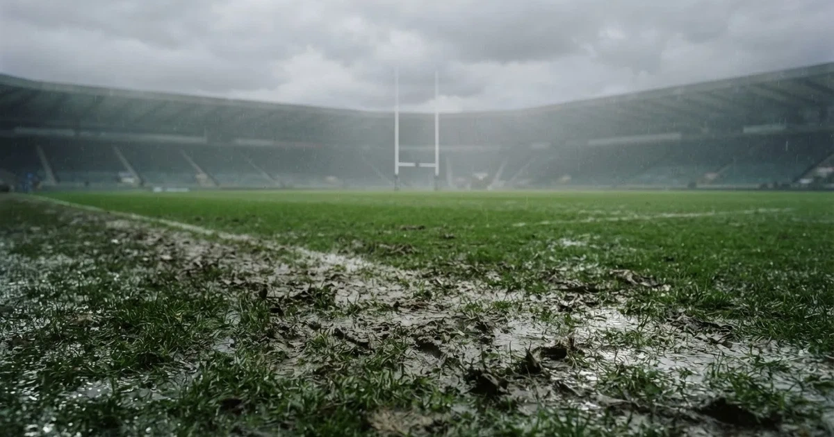 Boisko do rugby ze słupami bramki w oddali pod pochmurnym niebem, mokra trawa i ślady butów.