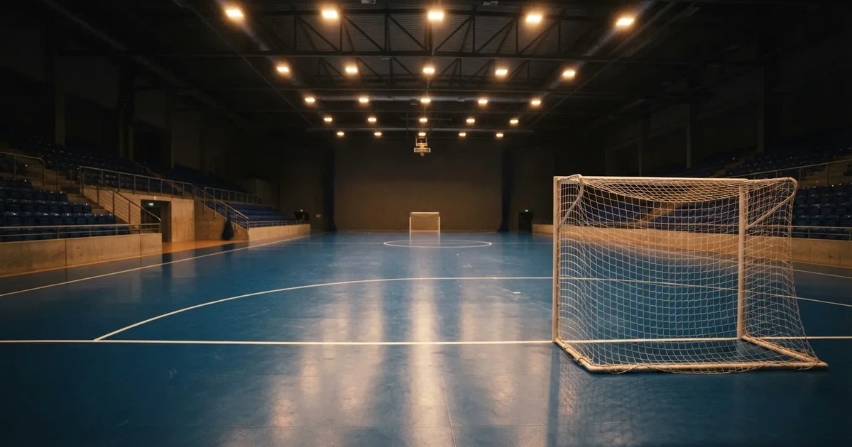 Hala z niebieskim parkietem i niewielkimi bramkami po obu stronach, pusta, światło padające z sufitu.