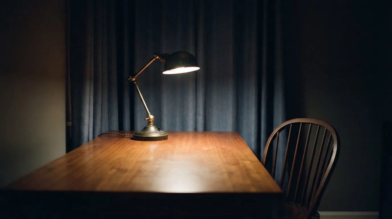 Lampa biurkowa świecąca na pustym drewnianym biurku w cichym gabinecie wieczorem, obok puste krzesło.
