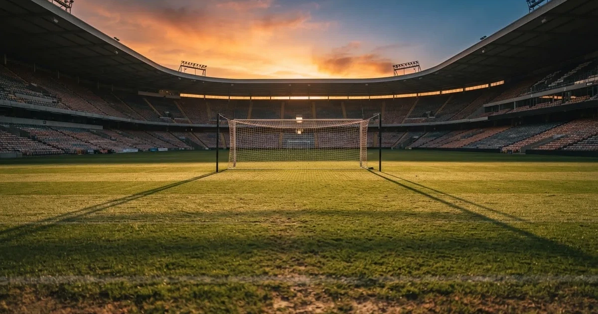 Murawa stadionu o zachodzie słońca z długimi cieniami słupków bramki, trybuny w ciepłym świetle.