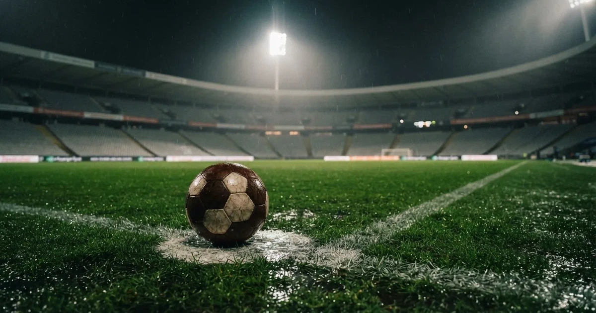 Futbolowa piłka stoi na punkcie karnym w pustym stadionie podczas mżawki, w tle rozmyte trybuny i jasne światło masztów.